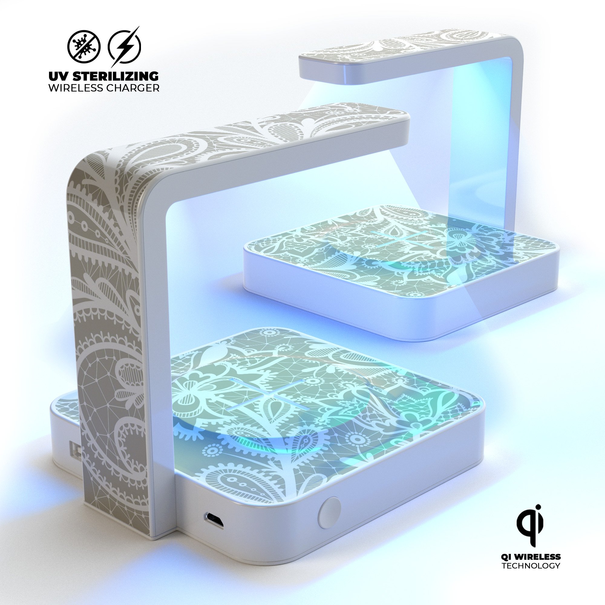 Lovely Sprouting Lace Design V1 UV Germicidal Sanitizing Wireless Charger with decorative skin and USB cable.